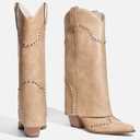 Women Shark Boots Knee High Cowboy Cowgirl Fold Over Chunky Heel Snip Toe Pull On Studded Boots for Women 8