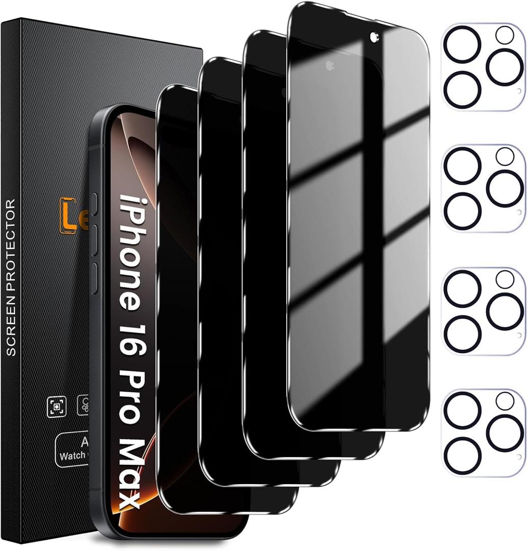 4+4 Pack Privacy Screen Protector for iPhone 16 Pro Max 6.9-Inch with 4 Pack Camera Lens Protector, Anti Spy Tempered Glass Film 9H Hardness Case Friendly