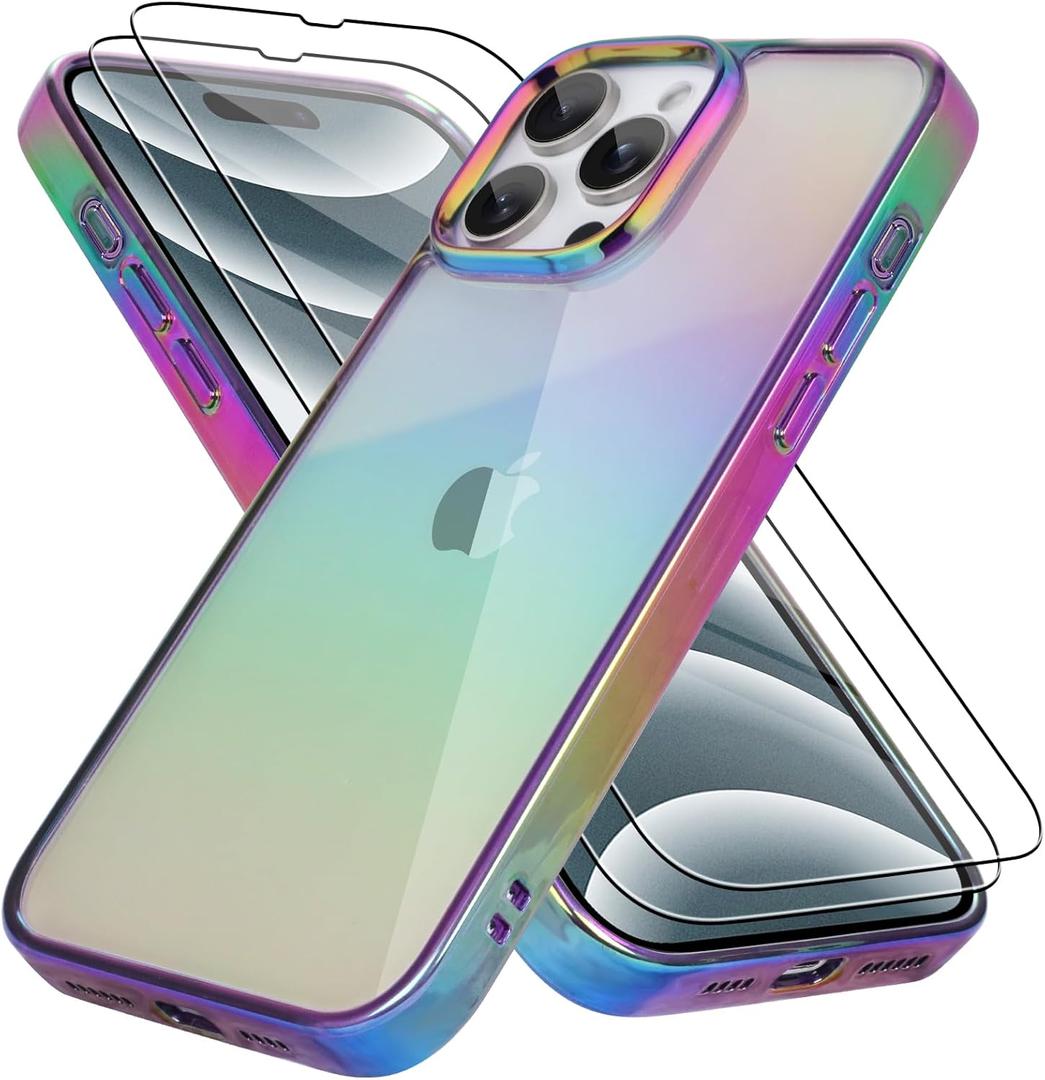 Bonoma Compatible with iPhone 16 Pro Case Bling Laser Florescent Iridescent Crystal Luxury Camera Protector + 2* Screen Protector Shockproof Edge Cover -Purple