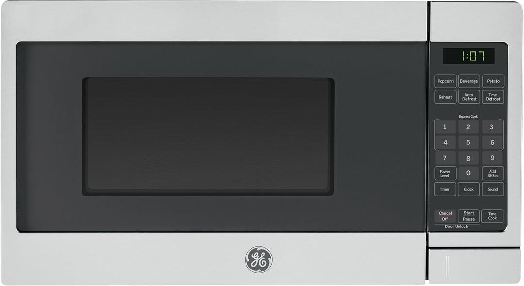 GE Compact Countertop Microwave Oven, 0.7 Cubic Ft., 700-watt Capacity, 6 Auto Cooking Settings, Child-Lock Technology, Dorm Room or Apartment, Stainless Steel