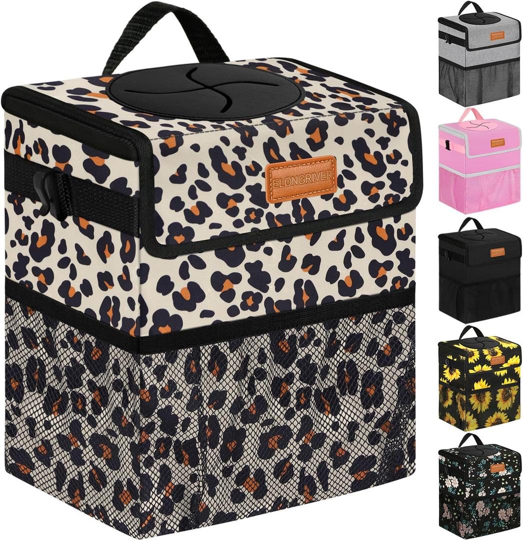 ELONGRIVER Car Trash Can Bin for Back Seat Leak Proof, Cute Car Trash Bag Hanging, Vehicle Trash Can for SUV Truck Van, Automotive Garbage Cans Front Seat Leopard Print, 2 Gallons