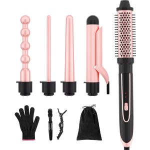 5 in 1 Curling Iron Set with Instant Heat Up, Dual Voltage, 4 Interchangeable Ceramic Curling Wands, Curling Brush, Heat Protective Glove & 2 Clips (Curling Iron 0.3-1.5")
