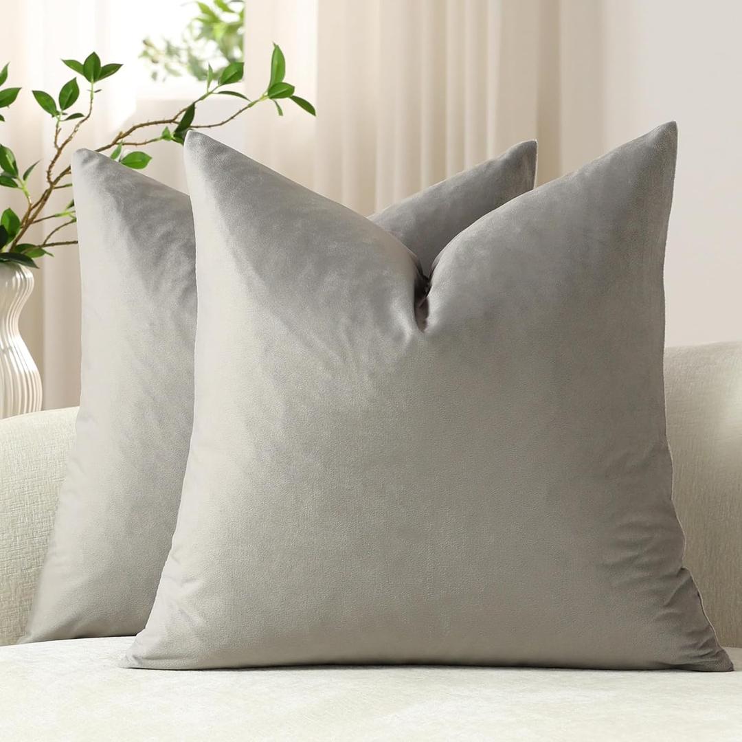 DEZENE Throw Pillow Covers 18x18 Light-Grey: Pack of 2 Cozy Soft Velvet Square Modern Luxury Decorative Throw Pillow Cases for Sofa Couch Living Room Bed Home Decor