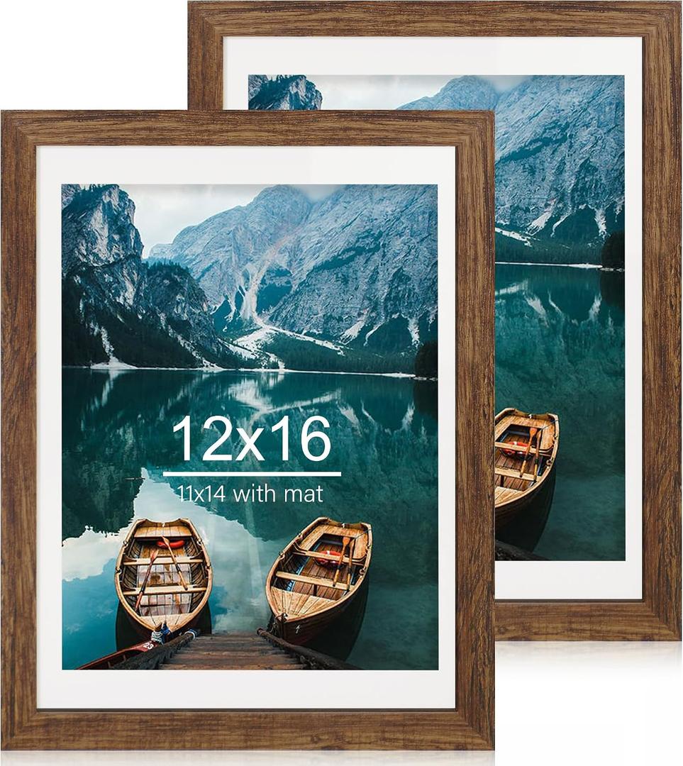 Hongkee 12x16 Picture Frame Set of 2, Rustic Brown Wood Style - Display 12 x 16 Poster without Mat or 11x14 Picture with Mat, Wall Mounting Horizontal and Vertical
