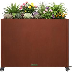 36 Inch Corten Steel Planter Box with Wheels, Tall Outdoor Rolling Planter with Drainage & Removable Shelf, Large Rectangular Weathering Steel Planter for Patio, Porch, Balcony & Garden