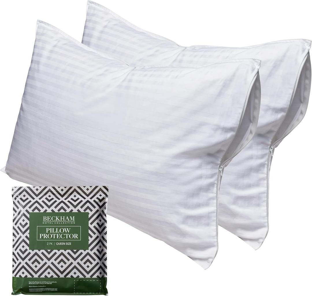 Beckham Hotel Collection Queen Size White Pillow Protector with Zipper Set of 2, Soft and Breathable Cotton Pillow Protector Covers