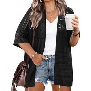 IN'VOLAND Plus Size Lightweight Crochet Cardigan for Women Short Sleeve Summer Kimonos Boho Open Front Knitted Cardigans (3X, Black)