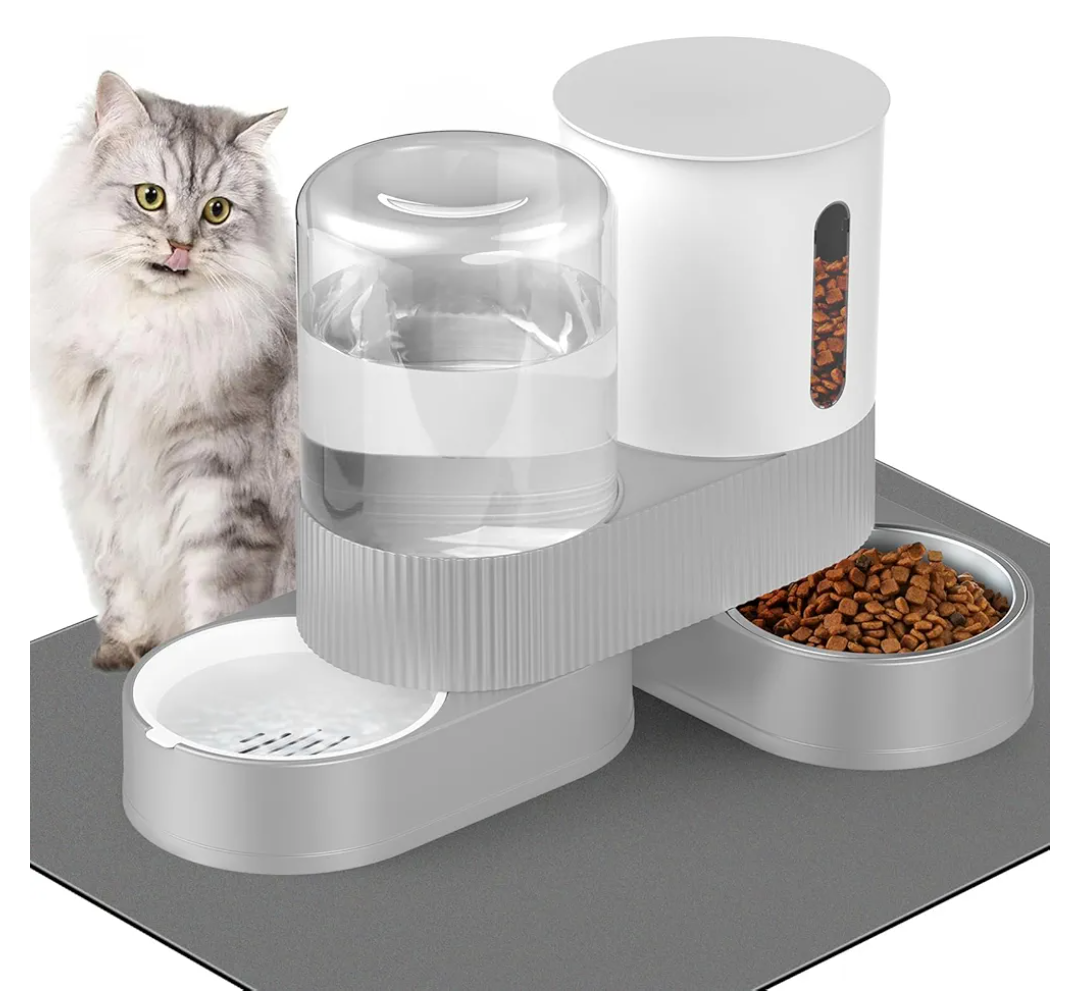 Automatic Cat Feeder and Water Dispenser, 2 in 1 Gravity Pet Food Feeder and Water Set with Stainless Steel Food Bowl for Cats, Small Dogs, Rabbits, 360 Degree Rota