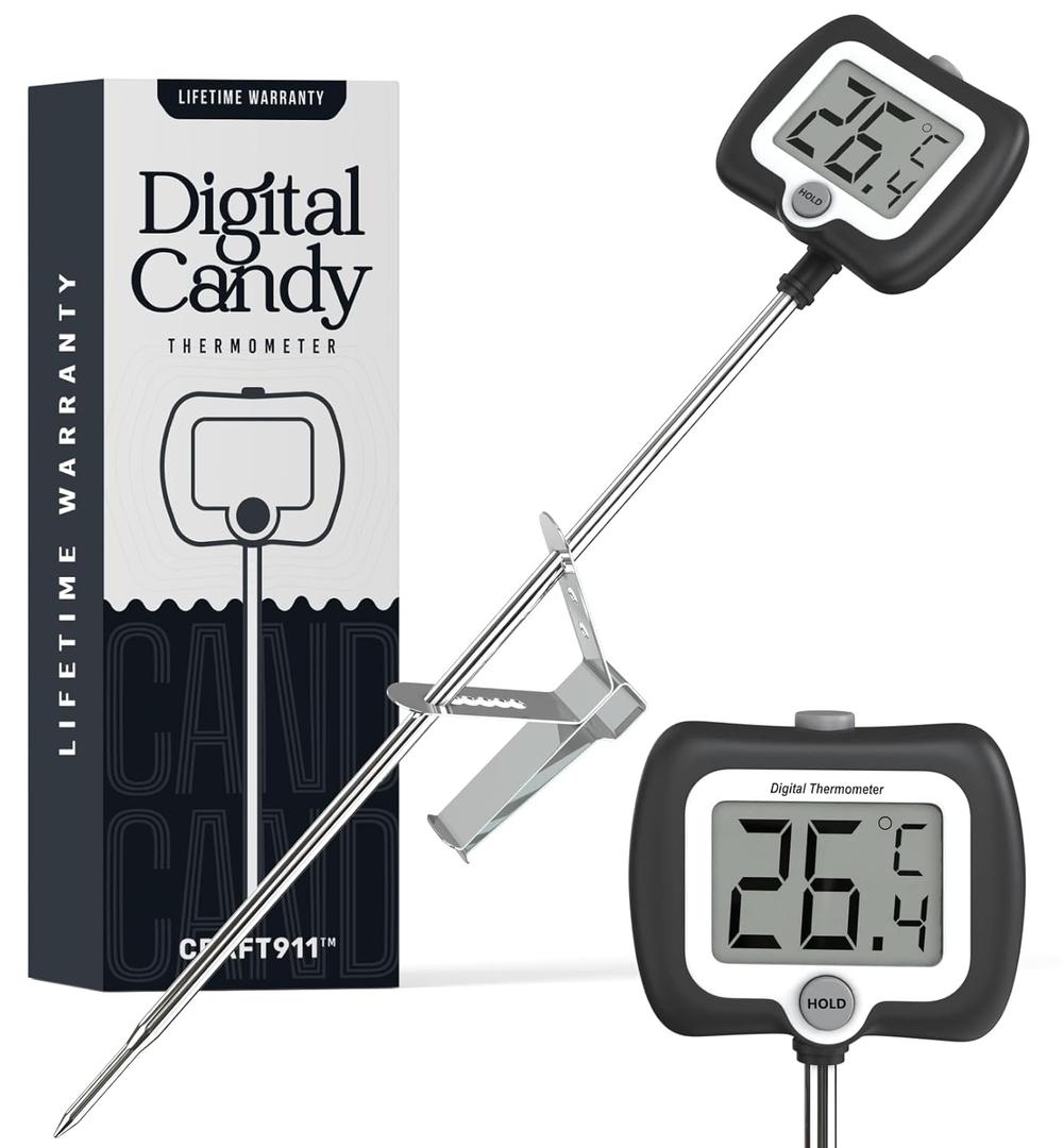 Digital Candy Thermometer with Pot Clip, Instant Read Kitchen Thermometer for Cooking, Baking, and Candy Making  10" Stainless Steel Probe, LCD Display, Essential Baking Tool (Black)