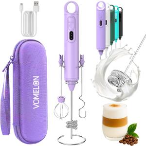 Rechargeable Milk Frother Handheld 3 Speed Coffee Foamer [3 Whisk] Electric Drink Mixer for Latte, Cappuccino, Coffee, Eggs, Hot Chocolate, Purple