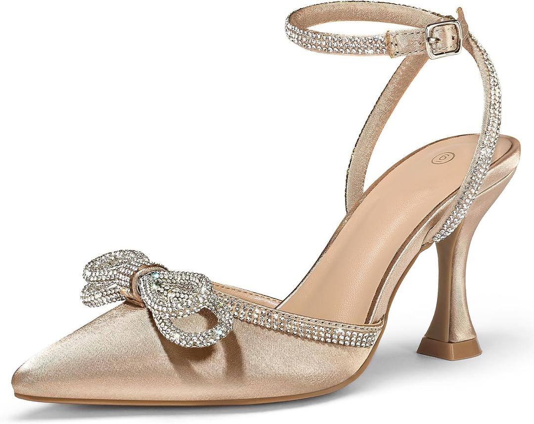 mysoft Women's Rhinestone Bow Pumps Wedding Dress Shoes Pointed Toe Ankle Strap Kitten Heels, 10