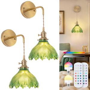 Nogcew Battery Operated Wall Sconce Set of 2,Adjustable Chain Retro Gold Wall Mounted Light,Rechargeable Wall Light with Remote, Wireless Indoor Wall Lamp for Living Room Bedroom