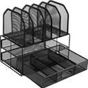 Amazon Basics Mesh Desk Organizer with Sliding Drawer, Double Tray and 5 Upright Sections, File Holder for Office Supplies, Paper Letter Tray, Black