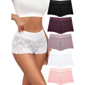 Lace Boyshort Sexy Underwear Womens Panties Cheeky Plus Size Lingerie Stretch Cotton Waistband Large 5 Pack