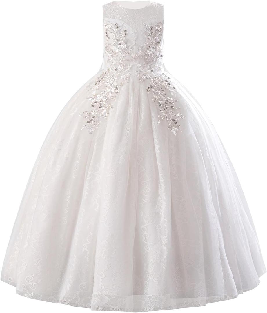 IDOPIP Flower Girl Sequin Lace Dress for Kids Wedding Bridesmaid Pageant Party Formal Long Maxi Gown Big Little Princess First Communion Birthday Prom Shiny Bow Puffy Tulle Dresses White, 13-14 Years