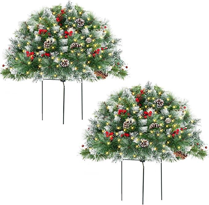 Outdoor Christmas Tree Urn Filler 2 Set, Prelit Artificial Flocked Xmas Tree with Cones & Red Berries, Small Christmas Tree with 70 Warm Lights (Frosted Green)