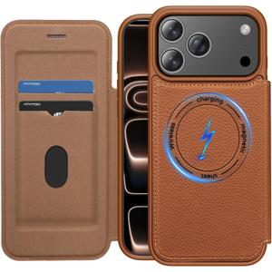 ATATOO for iPhone 17 Pro Max Case with Card Holder (Store 2 Cards), [Compatible with MagSafe] & RFID Blocking, 360 Full Body Protection Wallet Magnetic Leather Case for iPhone 17 Pro Max 6.9", Brown