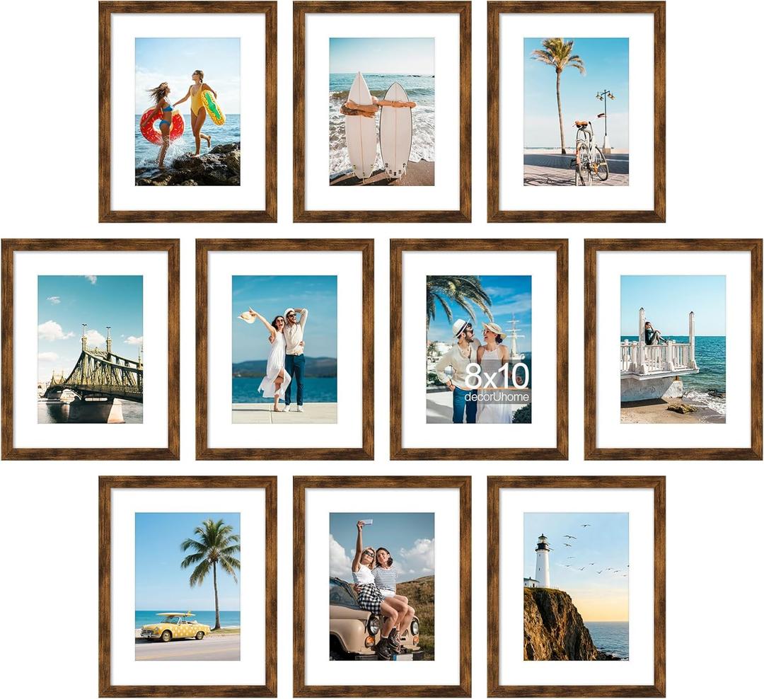 decorUhome 8x10 Picture Frame Set of 10, Display Photos 5x7 with Mat or 8x10 Unmatted for Picture Frames Collage Wall Decor, Distressed Brown