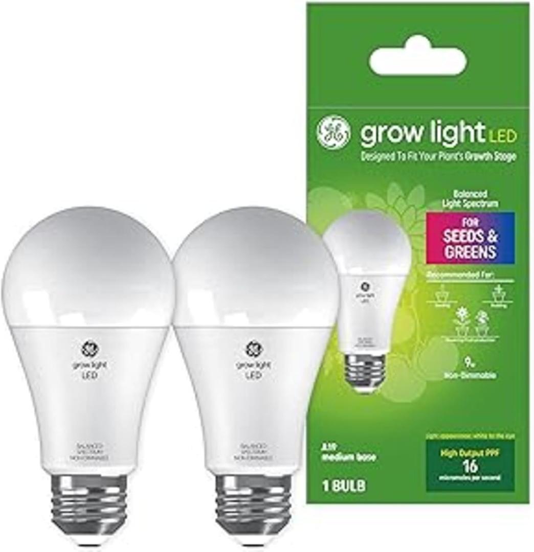 GE Grow LED Light Bulb for Plants Seeds and Greens, Balanced Light Spectrum, A19 (2 Pack)