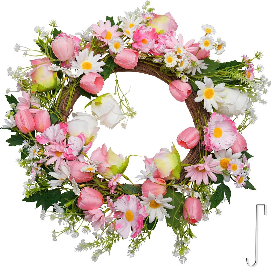 Spring Summer Wreath for Front Door 20, Artificial Flower Door Wreath with Pink White Roses Tulip Dasiy Wreaths with Hook for Windows Wall Deco Indoor Outdoor