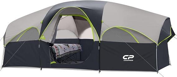 CAMPROS CP 8 Person Camping Tent, Room Divider, Rainfly, Weather Resistant, Family tent with 5 large mesh windows, double-layer design, and a carry bag, 14' x 9' x 72"(H), Black