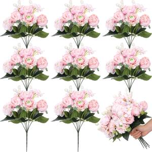 Crowye 8 Bouquets Wedding Silk Peony Hydrangea Flowers with Stems 12.6" H Elegant Faux Vintage Artificial Flowers for Decoration for DIY Table Party Decor Centerpieces Home(Light Pink)