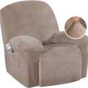 H.VERSAILTEX Real Velvet Recliner Couch Cover Stretch Slip Cover for Recliner Chairs 1 Piece Non Slip Covers for Recliner Chair with Pocket, Washable Reclining Chair for Kids, Pets (Recliner - Taupe)