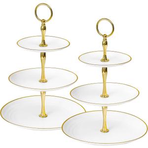 Soleebee 3-Tier Cupcake Stand, Round Plastic Tiered Serving Tray, Cupcake Tower for Birthday Wedding Party Decoration, Cupcake Tier Stand Fruits Desserts Display 2 Pack (White Gold)