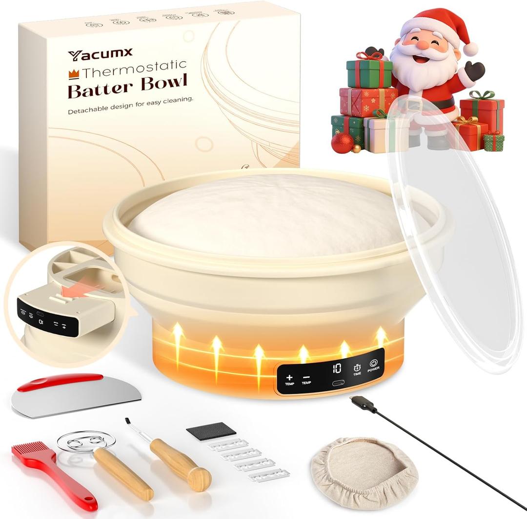 Electric Sourdough Starter Kit with 6-Temp (77-122) Control & Timer - 9" Foldable Sourdough Bread Baking Supplies & Dough Warmer - Complete Banneton Bread Proofing Basket Set for Artisan Home Bakers