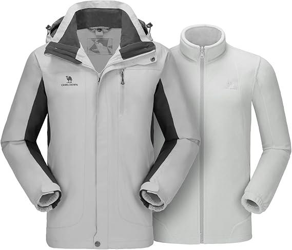 CAMEL CROWN Men's Ski Jacket 3 in 1 Waterproof Winter Jacket Snow Jacket Windproof Hooded with Inner Warm Fleece Coat (Silver Grey, S)