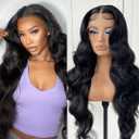 Glueless Long Body Wave Synthetic Lace Front Wig For Black Women 1B Natural Black (13x4.5x1 T part)