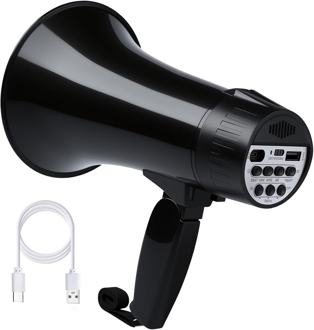 20 Watt Rechargeable Megaphone Bullhorn with Siren and 240s Recording, BT and USB Input, Megahone Speaker with Power Display and Portable Strap (Black)