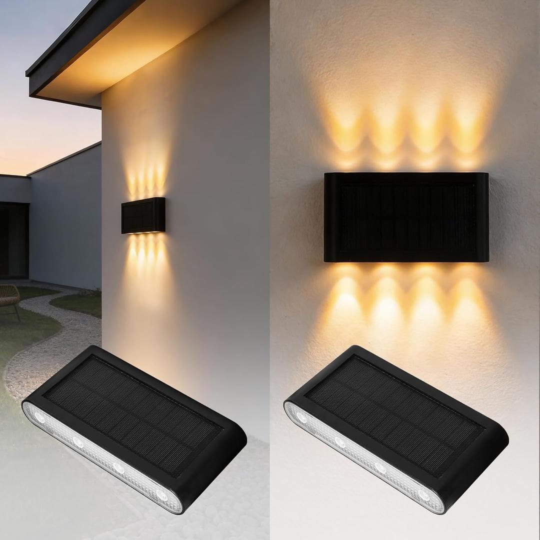 Solar Wall Lights Outdoor 2 Pack, Up and Down Solar Wall Sconce, 3000K Warm White Dusk to Dawn, IP65 Waterproof Exterior Mounted Lights, Up to 16H Runtime for Porch, Doorway, Entryway