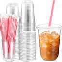 50 Sets Clear Plastic Cups with Heart Shaped Pink Straws and Lids, Disposable Iced Coffee Cups Drinking Pet for Cold Drinks, Valentine's Galentine's Day Bridal Baby Showers Party(Clear,16 oz)