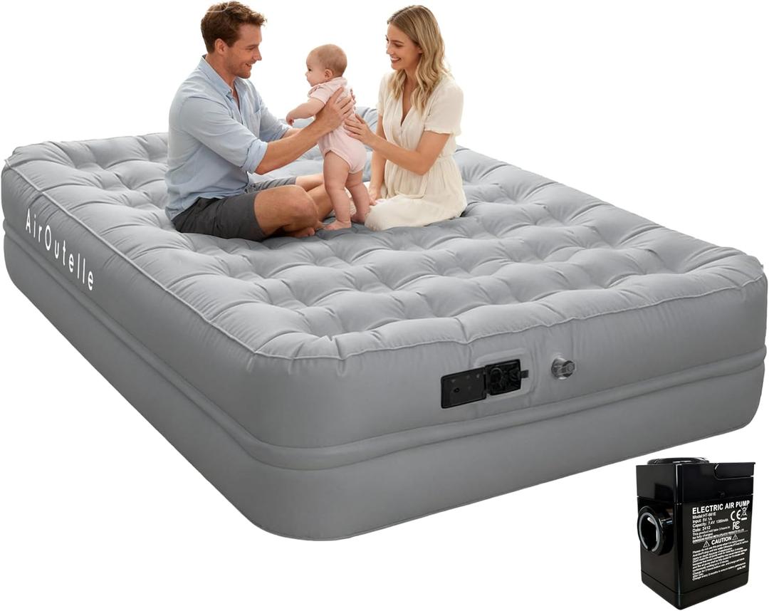 Queen Air Mattress with Rechargeable Battery Pump - 18" High Inflatable Bed, 3-Min Fast Inflation & Portable Foldable Design, 650lbs Heavy Duty, Soft Pongee Fabric for Camping & Home Use (Gray)