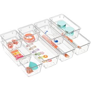 WOWBOX 9 Pack Clear Drawer Organizer Set, Acrylic Drawer Storage Trays, Storage Bins for Makeup, Cosmetics, Jewelries, Utensils, Gadgets, Office