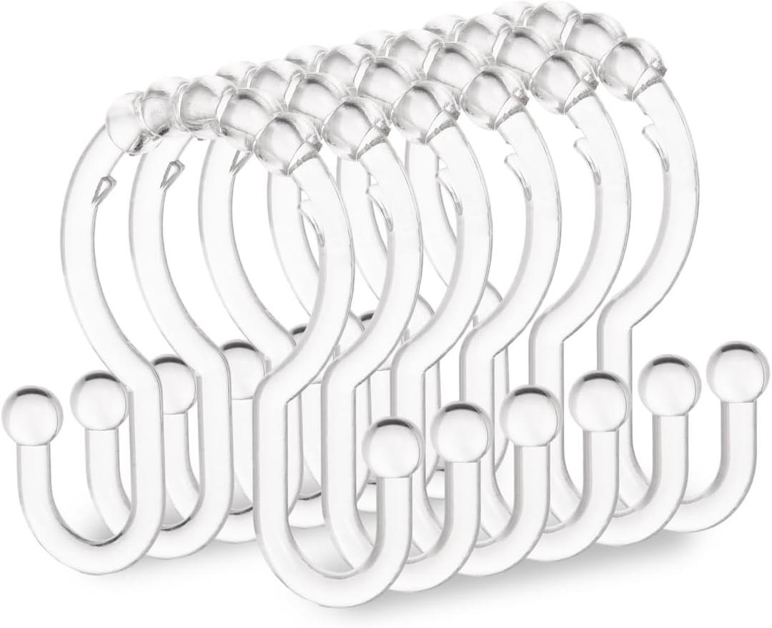 Shower Curtain Hooks, 12 Pcs Clear Shower Curtain Rings, Plastic Glide Roller Shower Hooks, Rust Proof Anti-Drop Shower Rings, Smooth Sliding Double Hooks for Bathroom Shower Rods Curtains