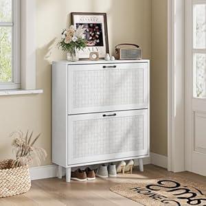 Shoe Storage Cabinet with Handmade Rattan Drawers, Freestanding Shoe Organizer Cabinet with Solid Wood Legs, Narrow Shoe Cabinet Storage for Entryway, Rustic Slim Shoe Rack Cabinet (White)
