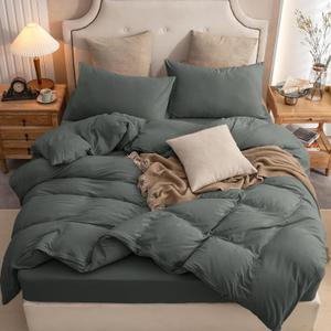 PURE ERA Jersey Knit Duvet Cover Set 100% T-Shirt Cotton Super Soft Comfy 3pc Bedding Set with Zipper Closure (Solid Dark Greenish Gray, Queen)