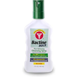 Bactine MAX First Aid Spray - Pain Relief Cleansing Spray with 4% Lidocaine - Numbing Lidocaine Kills 99.9% of Germs - Pain + Itch Relief For Minor Cuts & Scrapes, Burns & Bug Bites - 5oz (5 Fl Oz (Pack of 1))