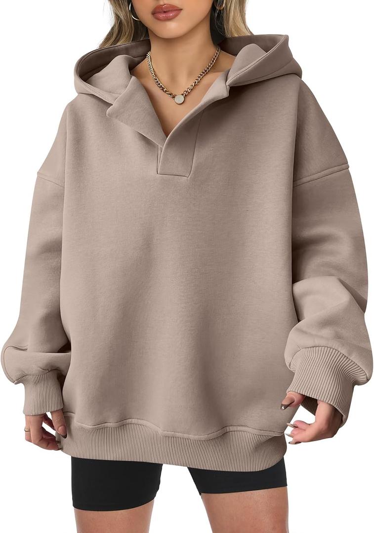 ANRABESS Womens Oversized Hoodies V Neck Sweatshirts Fleece Long Sleeve Pullover Y2K Clothes 2025 Fall Trendy Outfits (Medium, Coffee Grey)