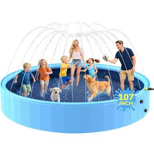 107'' Foldable Dog Pool, Extra Large Sprinkler Pools for Kids, Non-Slip Heavy Duty Dogs Pool for Large Dogs, Hard Plastic Kiddie Bathtubs for Backyard(9ft)