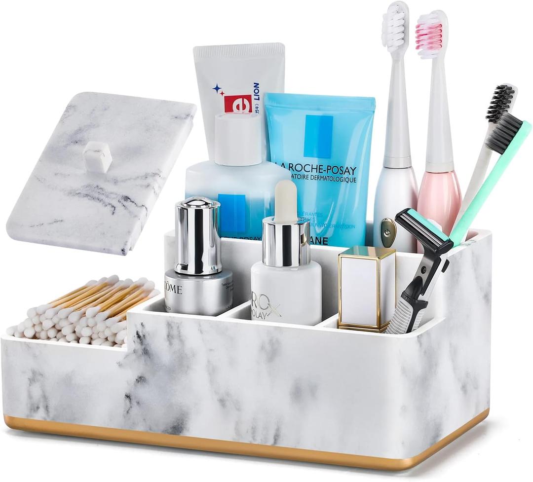 Toothbrush Holder for Bathroom, Bathroom Organizer Countertop Storage Bathroom Counter Sink Organizer, Electric Toothbrush and Toothpaste Holder, Marble Color