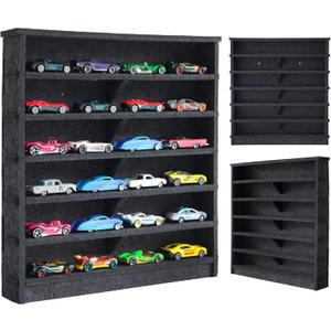 Assemblable Toy Cars Display Case for Kids, Portable Display Case Fit for Toy Cars Case & Matchbox Cars, Dampening Felt 24 Display Holder, Wall-Mounted Storage Organizer Case (Black- New Version)