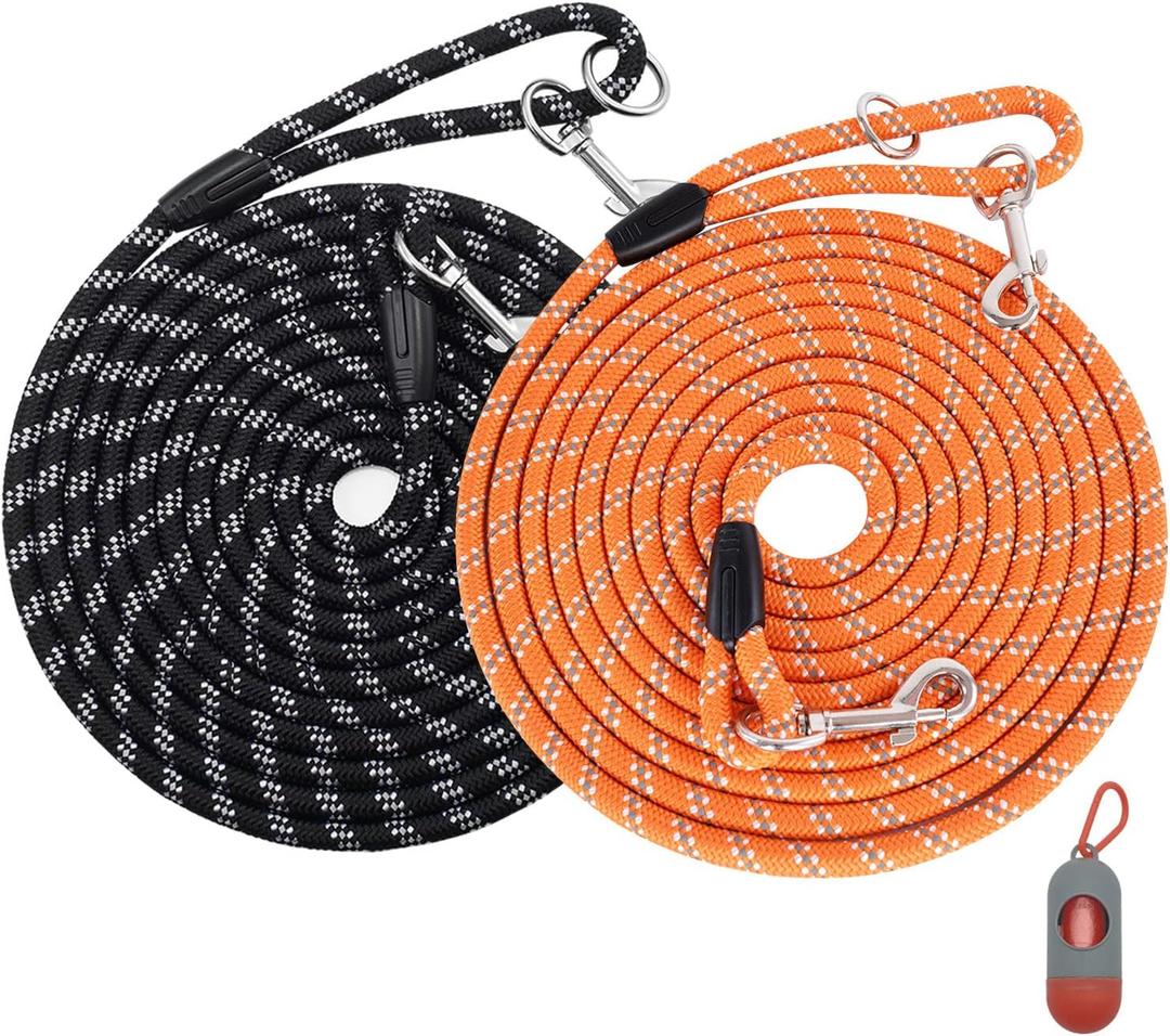 2 Pack Orange&Black 20FT Long Dog Leashes,Heavy Duty Dog Tie Out Leads for Large Medium Small Dogs Outside Walking, Playing, Camping, or Yard