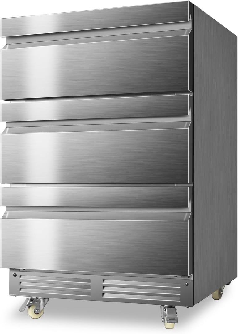 24 Inch Upgraded Three-Drawer Beverage Fridge, Weather Proof Outdoor Stainless Steel Beverage Refrigerator, Under Counter Built-in Beverage Cooler for Home & Commercial Use