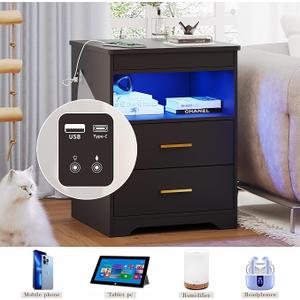 Night Stand with Gun Drawer, Charging Bedside Table with USB & Type-C Port, LED Nightstand with Human Sensor Light, Modern End Table with Drawers for Bedroom Office, Black