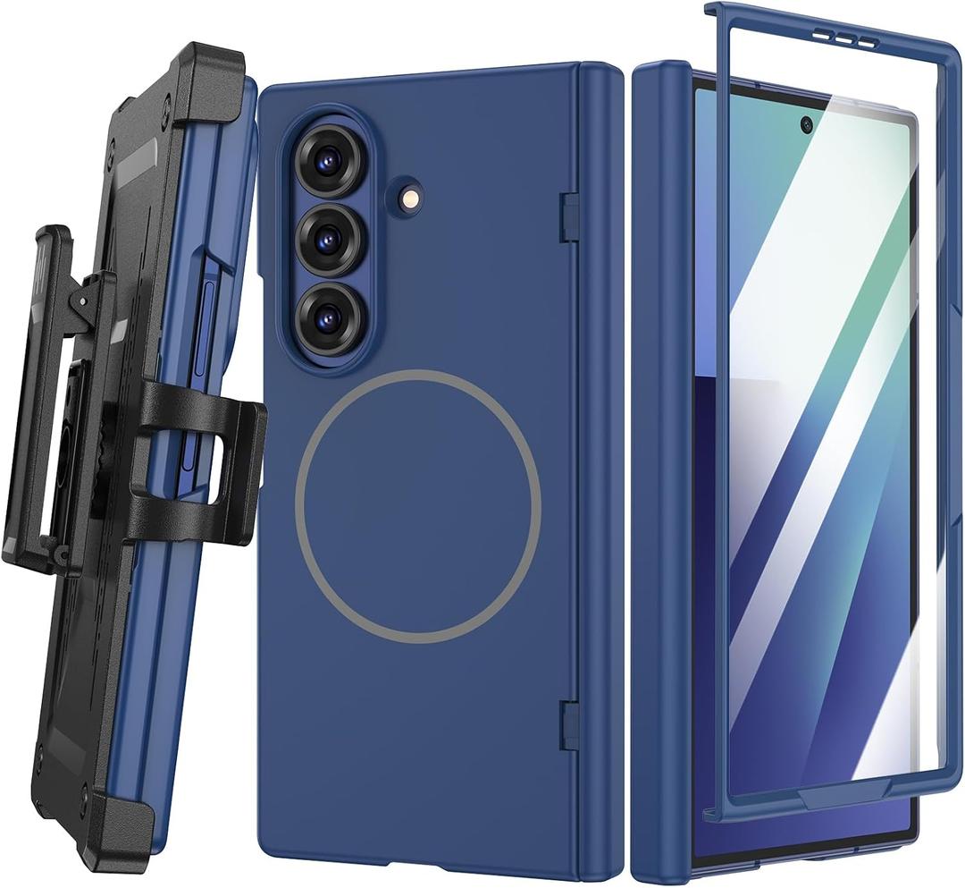 Maxdara for Z Fold 7 Magnetic Case with Belt Clip Holster, [Compatible with Magsafe] [Tempered Glass Screen Protector] [Hinge Protection] Magnet Hard Cover for Samsung Galaxy Z Fold 7 - Blue