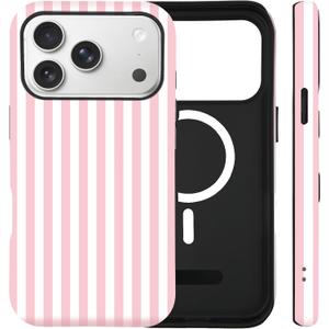For iPhone 17 Pro Max Case Cute Striped Phone Case Compatible with MagSafe, Dual-Layer Shock Protection(Hard PC + Silicone) - Aesthetic Protective Phone Cover for Women Girl, Pink and White