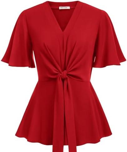GRACE KARIN 2024 Women's Elegant V Neck Peplum Tops Tie Front Short Bell Sleeve Shirts Tops Blouse, M